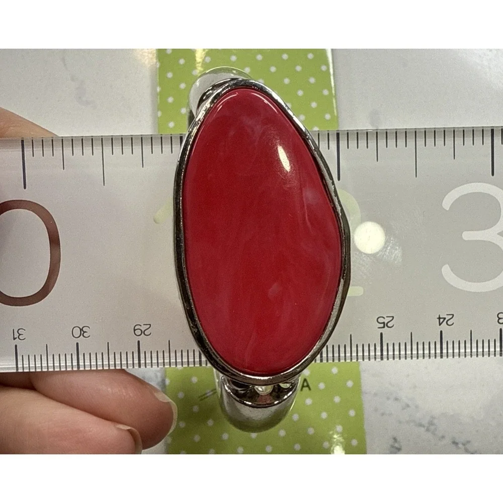 Vtg Red Oval Stone Silver Tone Hinged‎ Bangle Bracelet Statement Jewelry 90s Y2K